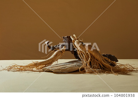 Some ginseng roots are decorated over the brown background with a tree branch. A stone podium for product presentation that extracted from Ginseng (Panax ginseng) 104801938