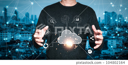 man holding cloud computing diagram show on hand. Data storage.Cloud technology.Secure backup and consistency Networking and internet service concept.Implementing storage technology in business man holding cloud computing diagram show on hand. Data storage.Cloud technology.Secure backup and consistency Networking and internet service concept.Implementing storage technology in business 104802164