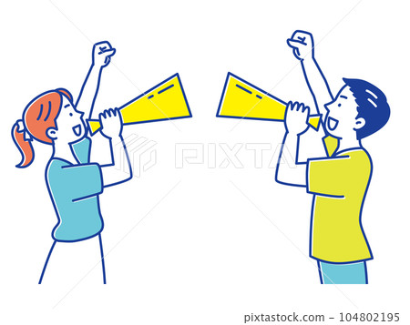 Young men and women cheering with megaphones Young men and women cheering with megaphones 104802195