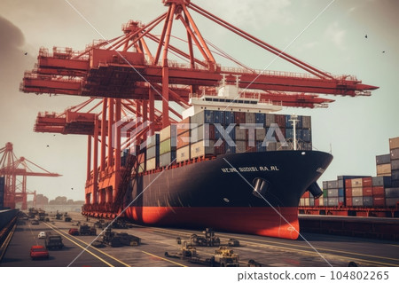 Loading a container ship at cargo berth of the seaport using port cranes. Containers are stacked and secured on board the cargo ship. Global transportation and logistic concept. 3D illustration. 104802265