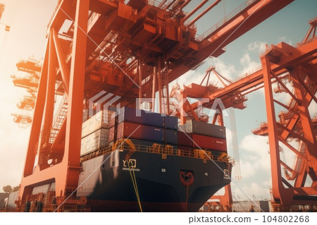 Loading a container ship at cargo berth of the seaport using port cranes. Containers are stacked and secured on board the cargo ship. Global transportation and logistic concept. 3D illustration. 104802268