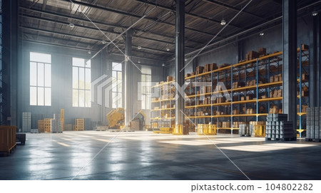 Large industrial warehouse. High racks filled with boxes and containers. Boxes on pallets in the loading area. Daylight fills the room through the windows. Global logistics concept. 3D illustration. 104802282