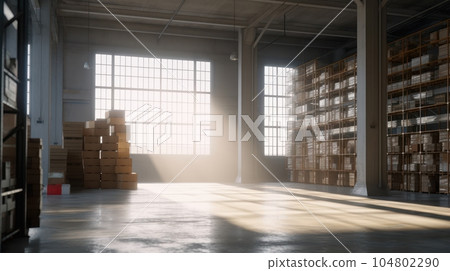 Large industrial warehouse. High racks filled with boxes and containers. Boxes on pallets in the loading area. Daylight fills the room through the windows. Global logistics concept. 3D illustration. Large industrial warehouse. High racks filled with boxes and containers. Boxes on pallets in the loading area. Daylight fills the room through the windows. Global logistics concept. 3D illustration. 104802290