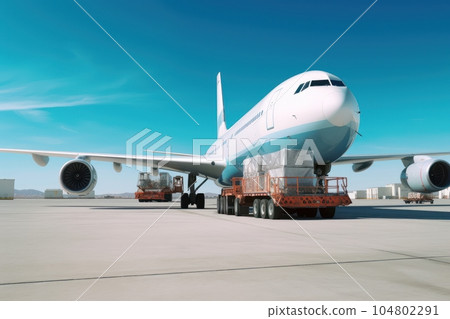 Loading a cargo plane at the airport. A cargo trolley delivering cargo to the jet on the airfield. International freight transport, airmail and logistics concept. 3D illustration. Loading a cargo plane at the airport. A cargo trolley delivering cargo to the jet on the airfield. International freight transport, airmail and logistics concept. 3D illustration. 104802291