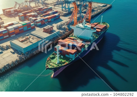 Aerial view of a cargo container ship. Fully loaded container ship against the background of a cargo terminal in a seaport, port cranes, railroads. Global freight logistics concept. 3D illustration. Aerial view of a cargo container ship. Fully loaded container ship against the background of a cargo terminal in a seaport, port cranes, railroads. Global freight logistics concept. 3D illustration. 104802292