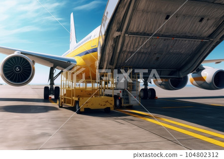 Loading a cargo plane at the airport. A cargo trolley delivering cargo to the jet on the airfield. International freight transport, airmail and logistics concept. 3D illustration. 104802312