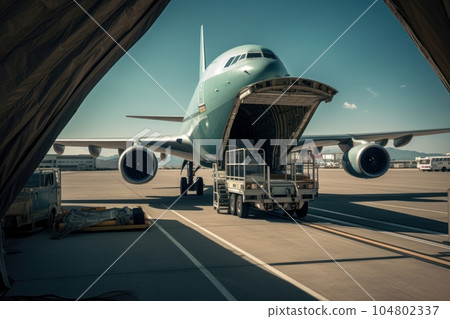 Loading transport aircraft in the hangar of cargo terminal. Large bales on the trolley ready for loading into the aircraft open cargo hold. Global freight transportation concept. 3D illustration. Loading transport aircraft in the hangar of cargo terminal. Large bales on the trolley ready for loading into the aircraft open cargo hold. Global freight transportation concept. 3D illustration. 104802337