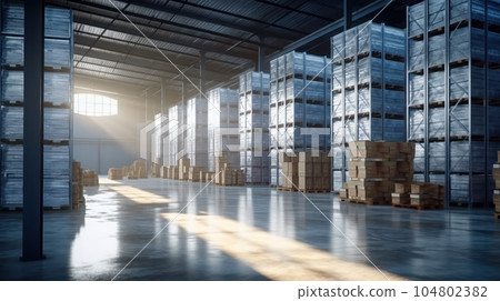 Large industrial warehouse. High racks filled with boxes and containers. Boxes on pallets in the sorting area. Daylight fills the room through the windows. Global logistics concept. 3D illustration. 104802382
