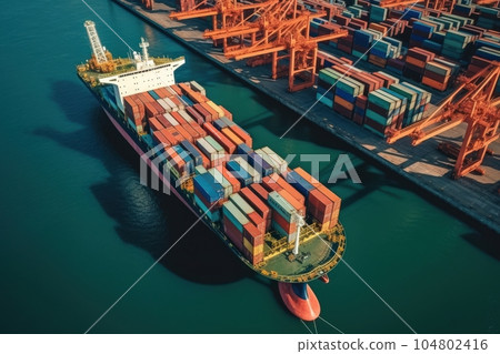 Aerial view of a cargo container ship. Fully loaded container ship against the background of a cargo terminal in a seaport, port cranes, railroads. Global freight logistics concept. 3D illustration. Aerial view of a cargo container ship. Fully loaded container ship against the background of a cargo terminal in a seaport, port cranes, railroads. Global freight logistics concept. 3D illustration. 104802416