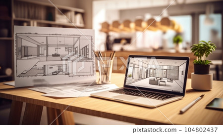 Workplace of an architect, interior designer, engineer. Laptop with a project on the monitor, blueprints, drawing tools and home decor on the table. Remote work concept. Mockup, 3D illustration. Workplace of an architect, interior designer, engineer. Laptop with a project on the monitor, blueprints, drawing tools and home decor on the table. Remote work concept. Mockup, 3D illustration. 104802437