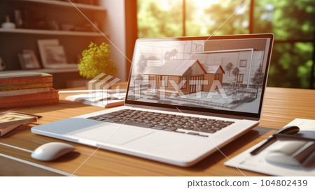 Workplace of an architect, interior designer, engineer. Laptop with a project on the monitor, blueprints, drawing tools and home decor on the table. Remote work concept. Mockup, 3D illustration. 104802439