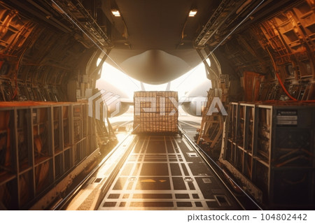 Loading transport aircraft in the hangar of cargo terminal. Inside view of the cargo hold of the aircraft during loading of a large bale. Global freight transportation concept. 3D illustration. 104802442