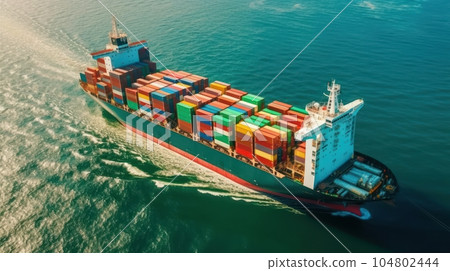 Aerial view of cargo ship carrying containers. Fully loaded container ship in the ocean, beautiful emerald water all around. International transportation and logistics concept. 3D illustration. 104802444