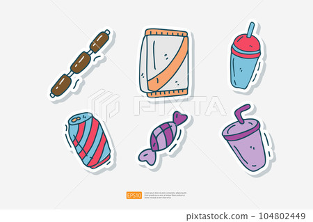 beef sausage, potato chips package, Taiwanese bubble milk tea, cola soda, sweet candy, cold drink cup doodle icon. Fast food Cute doodle. Cuisine and drink Sticker Set Vector Illustration beef sausage, potato chips package, Taiwanese bubble milk tea, cola soda, sweet candy, cold drink cup doodle icon. Fast food Cute doodle. Cuisine and drink Sticker Set Vector Illustration 104802449