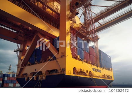 Close-up of a huge port crane. Containers are stacked on the loading dock and ready to be loaded onboard a container ship. Global freight transport and logistic concept. 3D illustration. 104802472