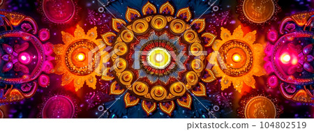 religious holiday diwali. burning oil in clay lamps, banner with ornament made with Generative AI 104802519