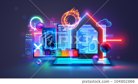Smart home, IOT phone application setting. Programming scenarios for operation of smart home system. Smart home system development. Engineering, coding on laptop of IOT devices in network Smart Home. 104802866