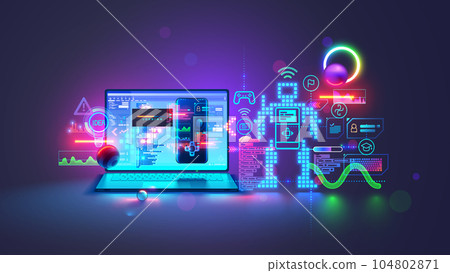 School of computer programming of robots for kids concept. Learning or education children coding on laptop, programming electronic constructor. Tech education, engineering, science study of child. 104802871