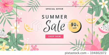 Summer sale banner with flowers, leaves and fruits. Hand drawn colorful trendy vector illustration Summer sale banner with flowers, leaves and fruits. Hand drawn colorful trendy vector illustration 104802872