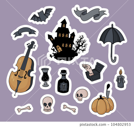 Halloween stickers. Creepy mystical house with bat, cello, rum, skull and crossbones, pumpkin and hand thing. Vector illustration. Isolated hand drawn colored doodles for festive design 104802953