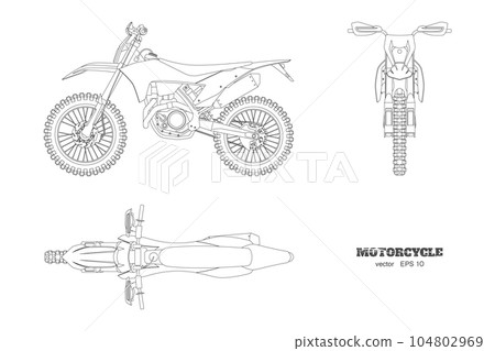 Isolated outline cross motorcycle. Line motorbike art. Front, side, top view of motocross cycle. Extreme bike industrial draw. Motorsport vehicle blueprint 104802969