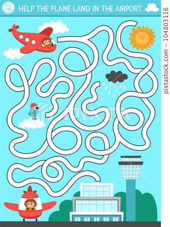 Transportation maze for kids with city landscape and airplane. Urban transport preschool printable activity. Labyrinth game or puzzle with aircraft and pilot. Help the plane land in the airport 104803116