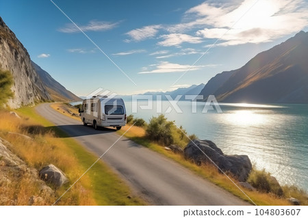 Camper van motor home on the landscape with... - Stock Illustration ...