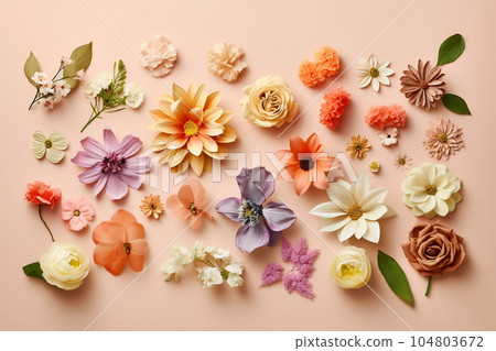 Arrangement of spring flowers against a pastel color background. Blooming concept. Flat lay Arrangement of spring flowers against a pastel color background. Blooming concept. Flat lay 104803672