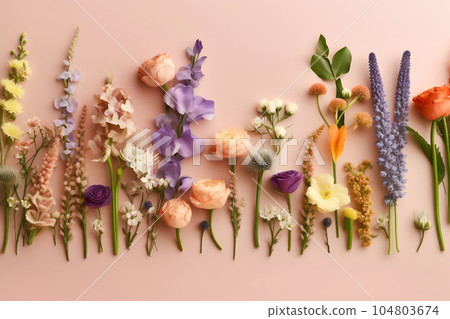 Arrangement of spring flowers against a pastel color background. Blooming concept. Flat lay 104803674