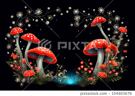 Amanita muscaria. Magic mushrooms. Psychedelic hallucination. Vibrant illustration. 60s 70s hippie colorful art 104803676