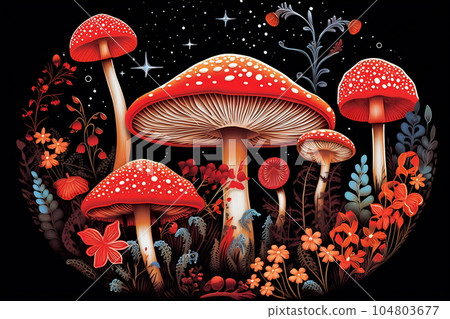 Amanita muscaria. Magic mushrooms. Psychedelic hallucination. Vibrant illustration. 60s 70s hippie colorful art Amanita muscaria. Magic mushrooms. Psychedelic hallucination. Vibrant illustration. 60s 70s hippie colorful art 104803677
