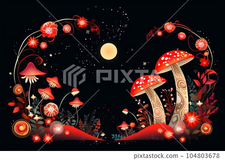 Amanita muscaria. Magic mushrooms. Psychedelic hallucination. Vibrant illustration. 60s 70s hippie colorful art 104803678