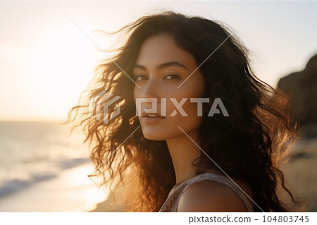 Smiling young brunette woman on the beach 104803745