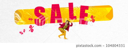 Contemporary art collage. Young woman emotionally showing information about big sales, price reduction. Creative design Contemporary art collage. Young woman emotionally showing information about big sales, price reduction. Creative design 104804331
