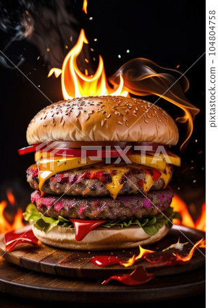 Delicious hamburger or burger with fire on black background. Vertical orientation. Generative AI 104804758