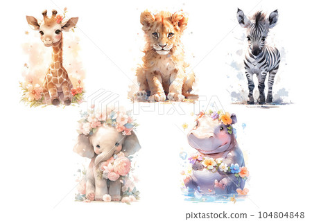 Set of cute baby woodland animals lion, elephant, zebra, giraffe, hippo Illustration isolated drawings by hand. Perfect for nursery poster. Set of cute baby woodland animals lion, elephant, zebra, giraffe, hippo Illustration isolated drawings by hand. Perfect for nursery poster. 104804848