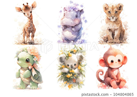 Set of cute baby woodland animals monkey, lion, koala, giraffe, hippopotamus, turtle Illustration isolated drawings by hand. Perfect for nursery poster. 104804865