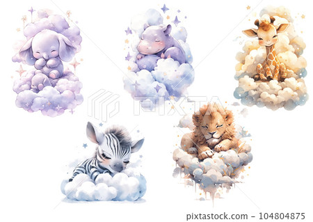 Set of cute baby woodland animals lion, giraffe, hippopotamus, zebra and elephant sleep on a cloud Illustration isolated drawings by hand. Perfect for nursery poster. 104804875