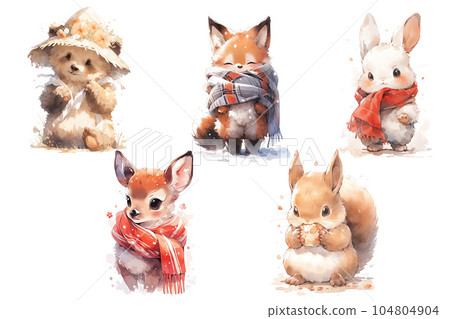 Set of cute baby woodland animals a bear in a hat, a fox in a scarf, a squirrel with a nut, a deer and a rabbit in a red scarf Illustration isolated drawings by hand. Perfect for nursery poster. Set of cute baby woodland animals a bear in a hat, a fox in a scarf, a squirrel with a nut, a deer and a rabbit in a red scarf Illustration isolated drawings by hand. Perfect for nursery poster. 104804904