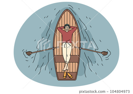 Happy old man lying relaxing in boat Happy old man lying relaxing in boat 104804973