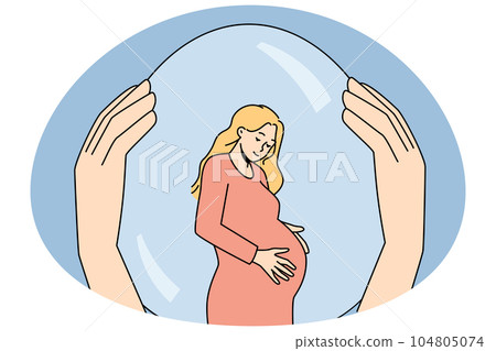 Hand holding pregnant woman in safety bubble 104805074