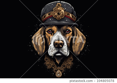 Cute dog with a collar and a hat on a dark background. Vector illustration 104805078