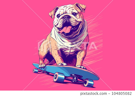 Cute bulldog holding a skateboard on a pink background. Vector illustration 104805082