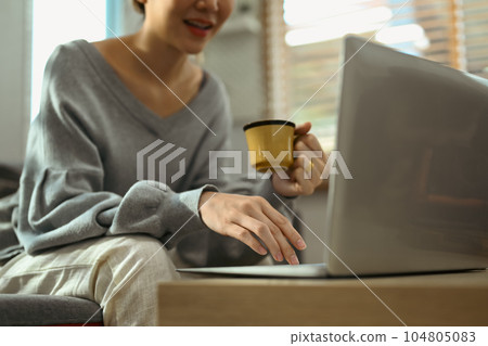 Happy young woman using laptop at home, chatting with friends in social network, watching movie and shopping online 104805083