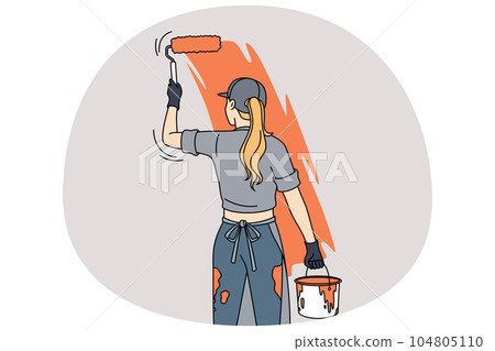 Woman painting room wall with roller 104805110