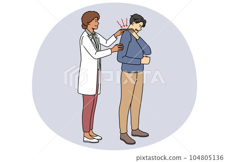 Doctor helping male patient with backache Doctor helping male patient with backache 104805136