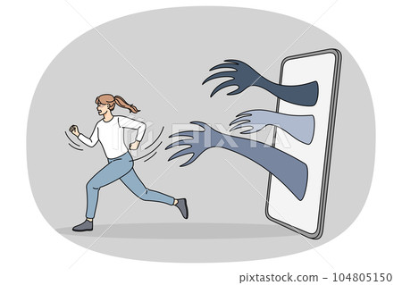 Woman running away from hands from cell Woman running away from hands from cell 104805150