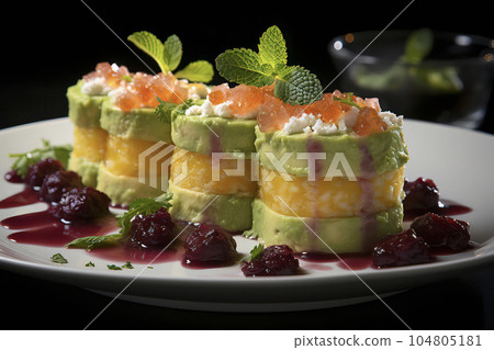 Causa Rellena, a tantalizing layered dish featuring delicate mashed potatoes filled with succulent chicken, flavorful tuna, or creamy avocado 104805181
