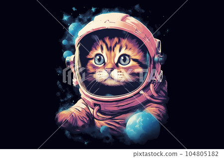 Cute kitten in space, space cat astronaut in space. Vector illustration 104805182