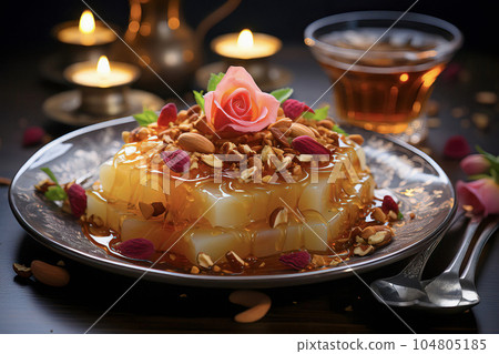 Enchanting image of Balooza, a traditional Emirati dessert, with rose-infused vermicelli, saffron, nuts, and delicate rose petals, inviting indulgence 104805185